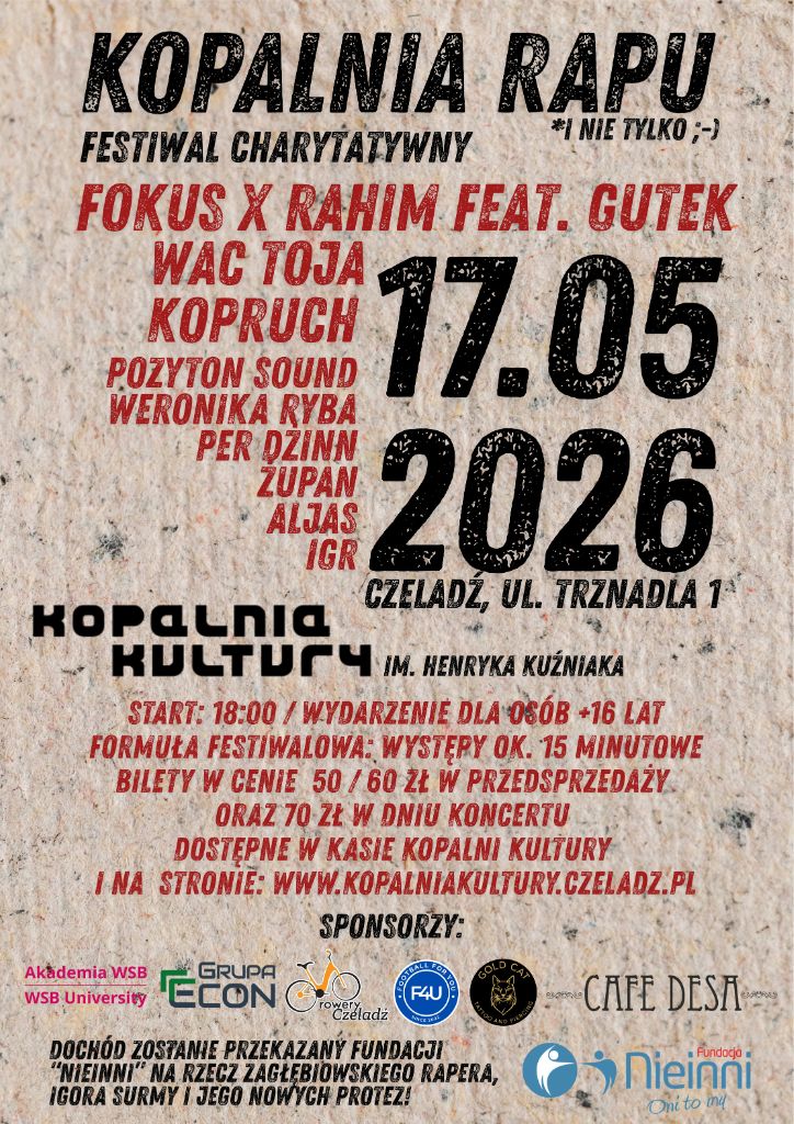 brązowy plakat z samymi literami informujący o koncercie rapowym